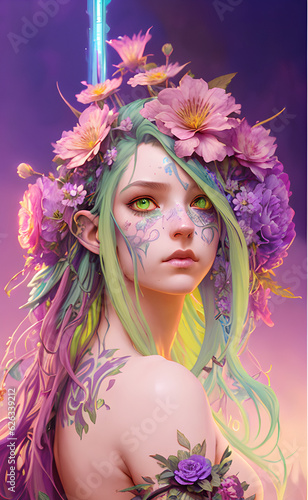 analog style  head and shoulders portrait of female mage  attractive  model photoshoot  glowing and swirling aura  flowing robes  detailed face  random colours  hexagons. Generative AI