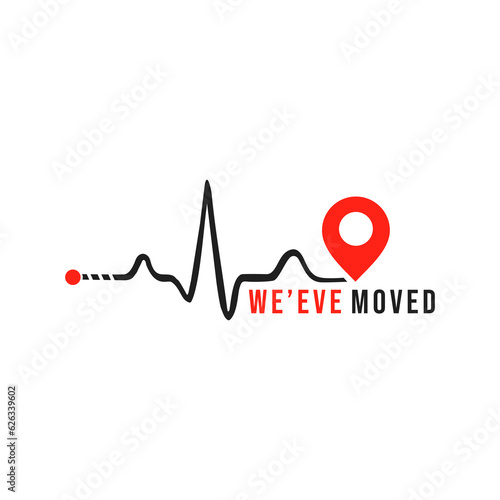 we moved minimal icon with pin. concept of interest land mark like ecommerce delivery or transfer. flat stroke trendy locator logotype graphic art simple design illustration element isolated on white