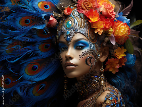 Beautiful Woman Wearing An Extravagant Peacock Feather Costume and Headdress For Carnival