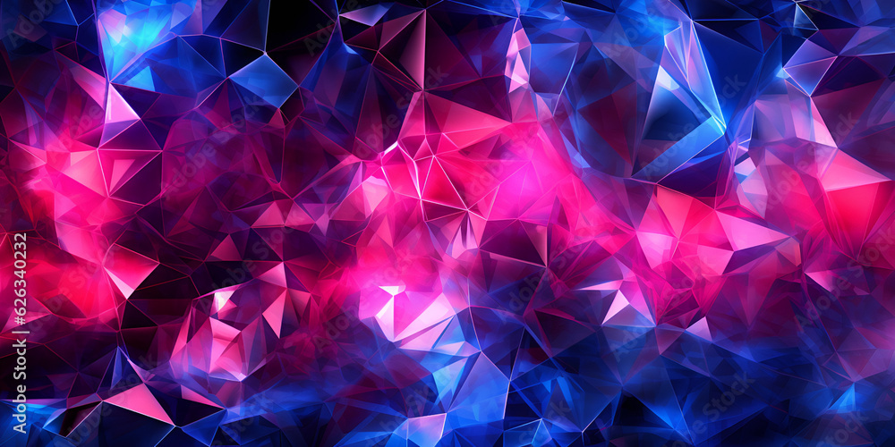 3d rendering, blue pink neon crystallized background, polygonal mesh, ultraviolet light, faceted metallic texture with reflections, crumpled shiny wallpaper stock photo - obrazy, fototapety, plakaty 