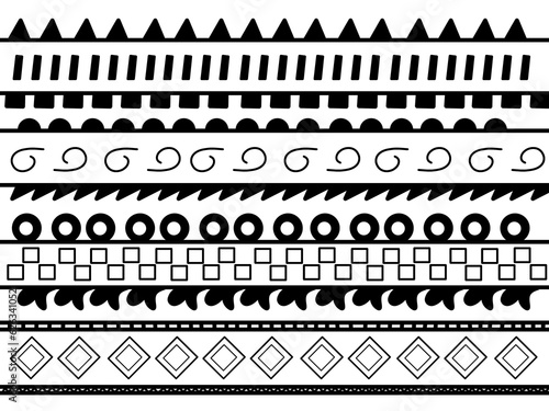 Illustration abstract black and white ethnic pattern horizontal stripes Egyptian India African Greek style 