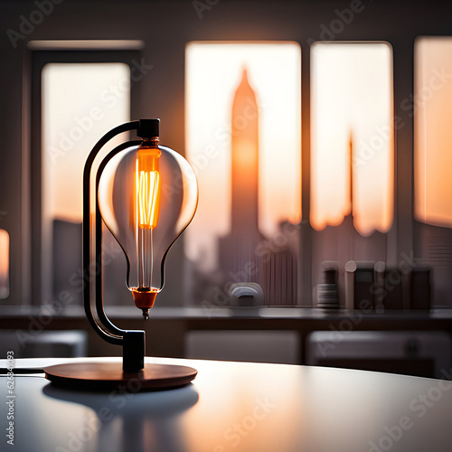A yellow light bulb lamp sits on the table in the study room.