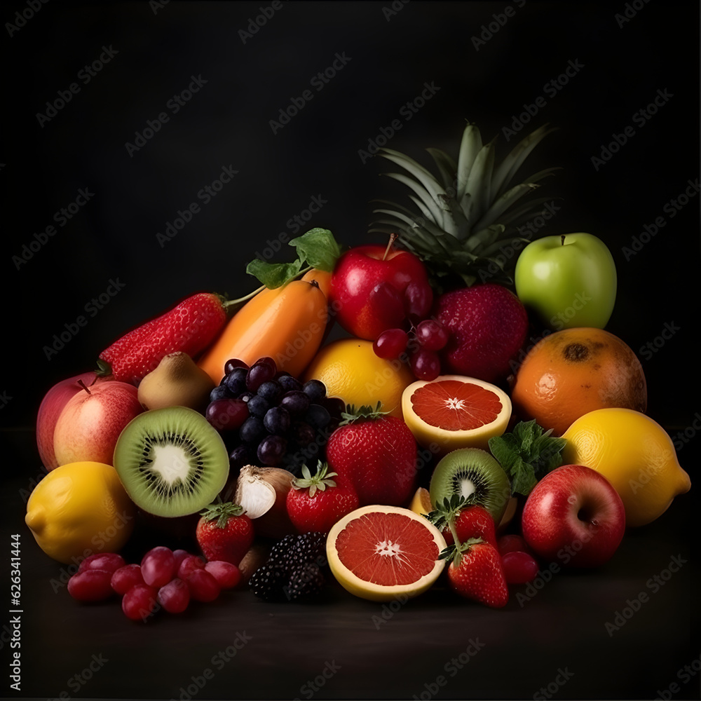 Fruits and vegetables on black background 