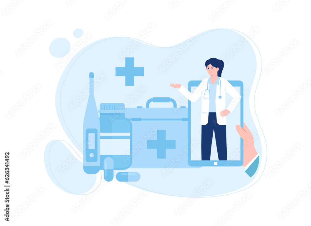 Doctor dosing with medical bag, thermometer and medicine bottle concept flat illustration