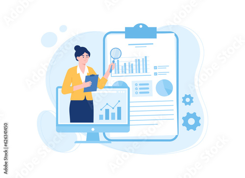 Business woman analyzing office financial data graph concept flat illustration