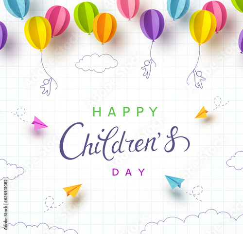 Children's Day with flying colorful 3d paper balloons and airplanes on school notebook background. Vector doodle cartoon kids, planes, ballons poster template