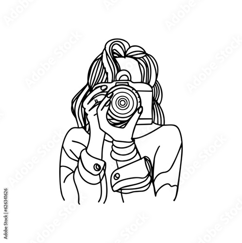 Photographer woman girl is holding dslr camera taking photographs. Hand drawn style vector design illustrations.
