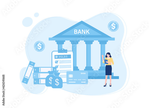 Bank worker with credit card and coins in front of bank building concept flat illustration
