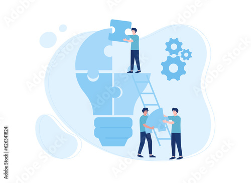 Three people work together to put together a puzzle concept flat illustration