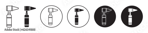 otoscope equipment icon set. otolaryngology tool vector symbol. audiologist equipment line icons in black filled and outlined style. photo