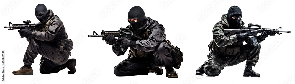 Military soldier kneeling aiming a gun isolated on transparent background Military soldier kneeling aiming a gun isolated on transparent background