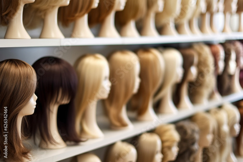 Selection of female wigs in shop