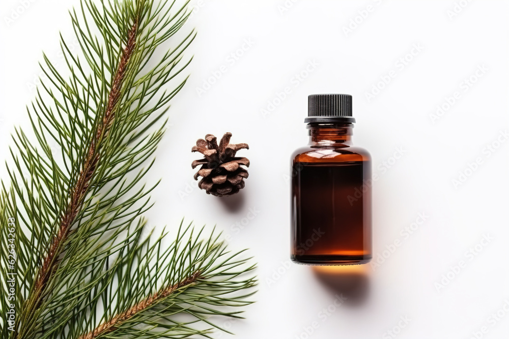 Pine essential oil in a small brown bottle Pine essential oil in a small brown bottle