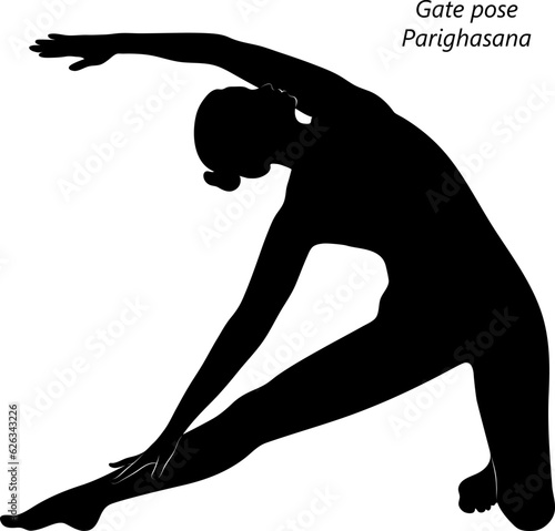 Silhouette of young woman practicing yoga, doing Gate pose or Beam pose. Parighasana. Arm Leg Support and Lateral Bend. Beginner. Isolated vector illustration.