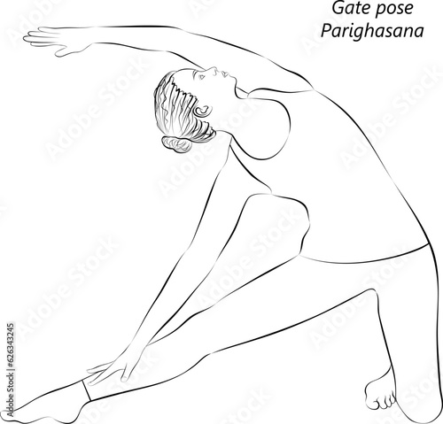 Sketch of young woman practicing yoga, doing Gate pose or Beam pose. Parighasana. Arm Leg Support and Lateral Bend. Beginner. Isolated vector illustration.