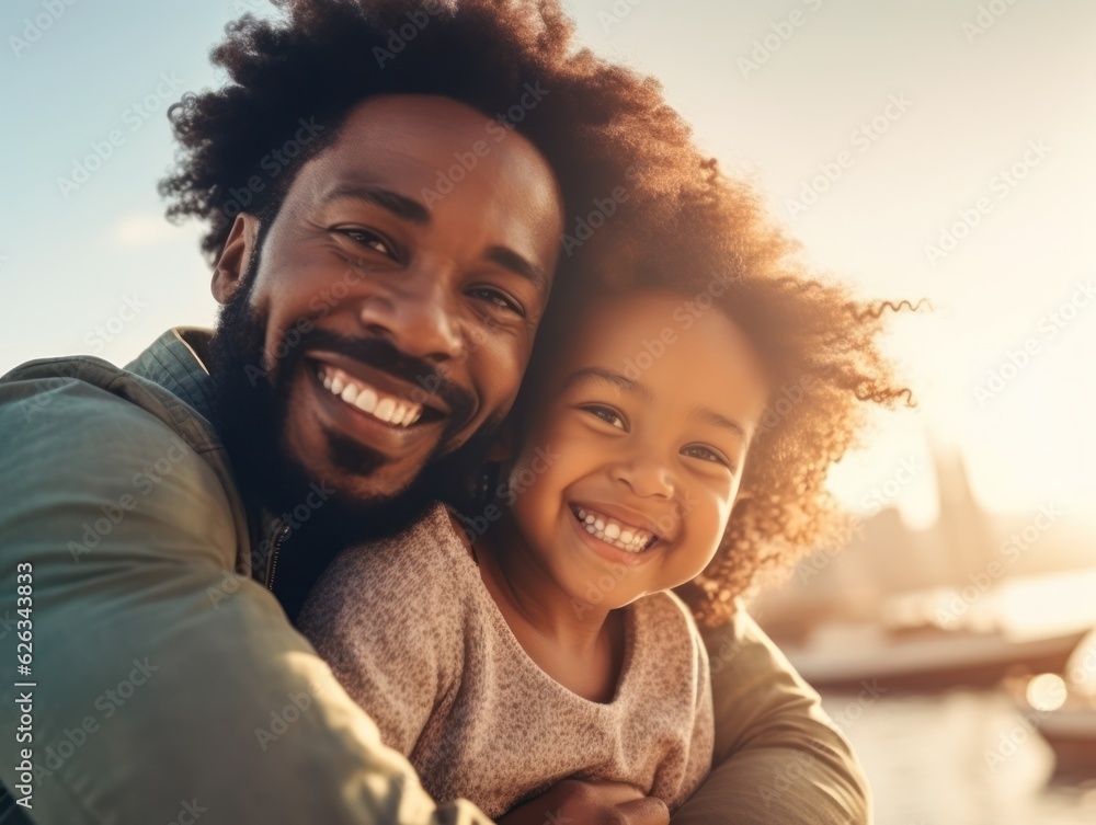 Happy father's day. African American father and daughter smiling happily. Happy father's day. African American father and daughter smiling happily.