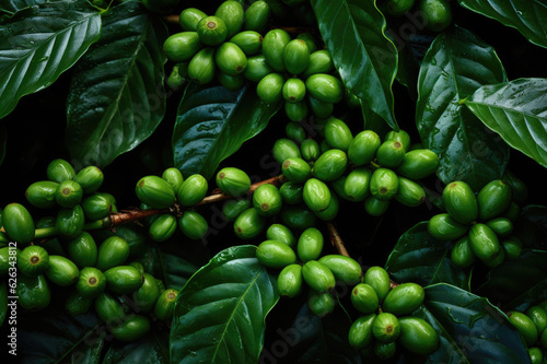Green coffee beans on a branch close-up