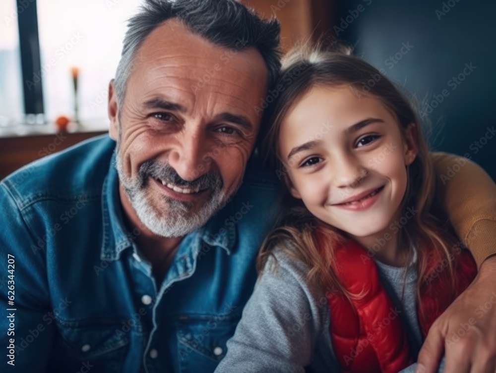 Happy Father Day. Father and daughter smiling happily. Generative AI Happy Father Day. Father and daughter smiling happily. Generative AI