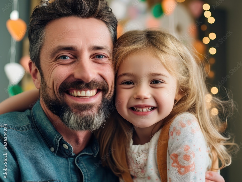 Happy Father Day. Father and daughter smiling happily. Generative AI Happy Father Day. Father and daughter smiling happily. Generative AI