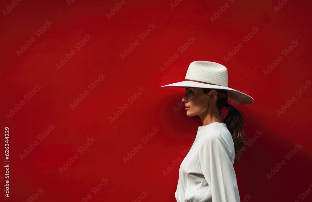 Attractive woman dressed in white with a hat posing in front of a red wall. Generative AI Attractive woman dressed in white with a hat posing in front of a red wall. Generative AI