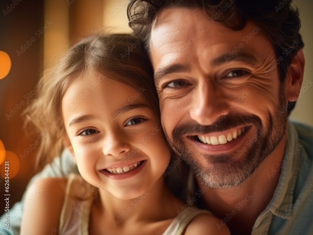 Happy Father Day. Father and daughter smiling happily. Generative AI Happy Father Day. Father and daughter smiling happily. Generative AI