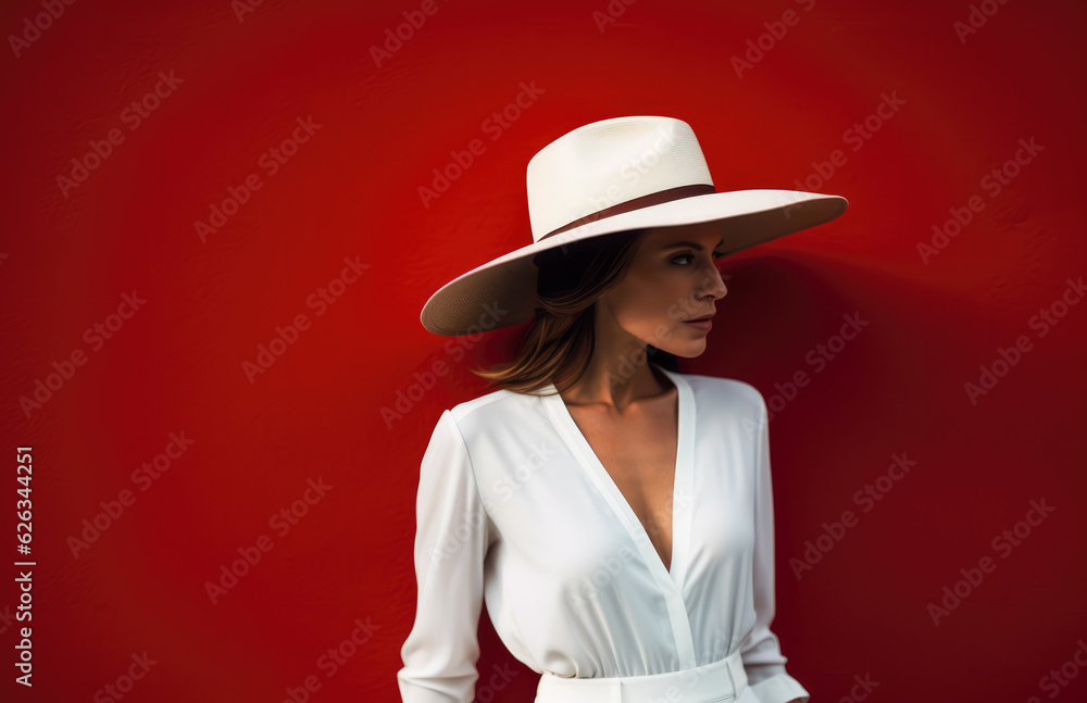 Attractive woman dressed in white with a hat posing in front of a red wall. Generative AI Attractive woman dressed in white with a hat posing in front of a red wall. Generative AI