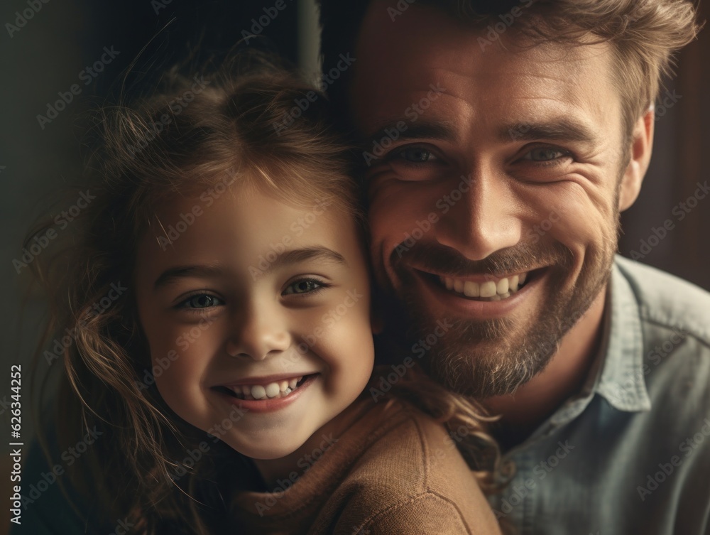 Happy Father Day. Father and daughter smiling happily. Generative AI Happy Father Day. Father and daughter smiling happily. Generative AI