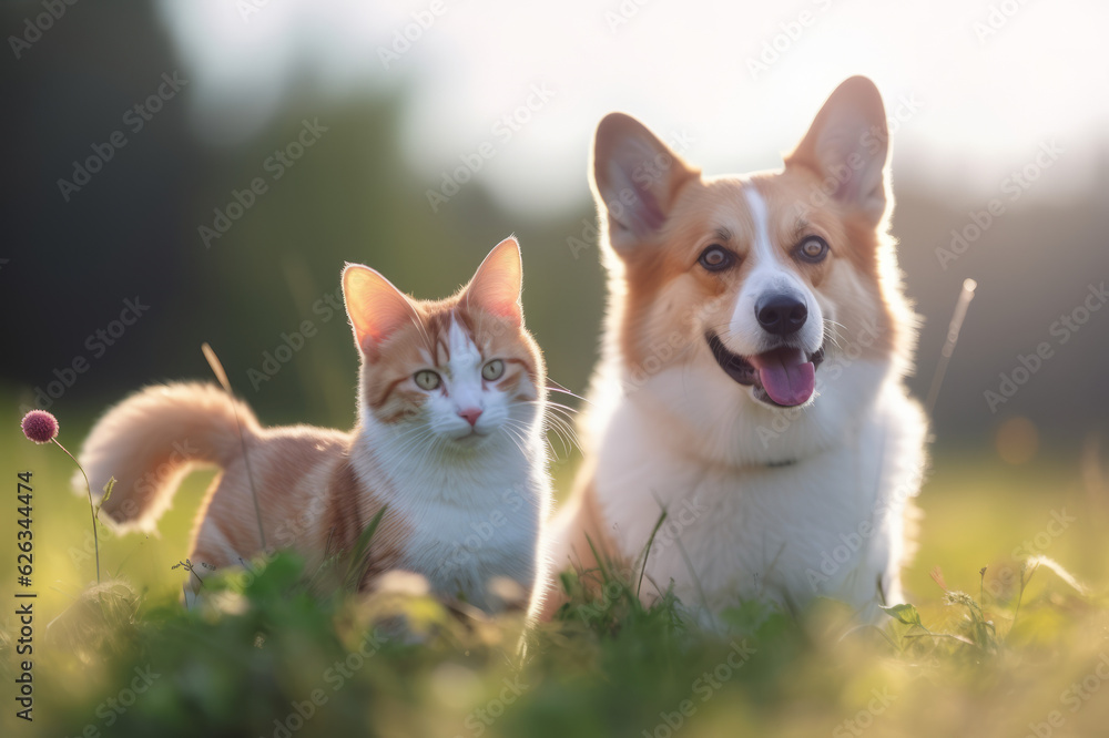 Cute fluffy friends a cat and a dog spend time together at sunny summer garden. Generated ai