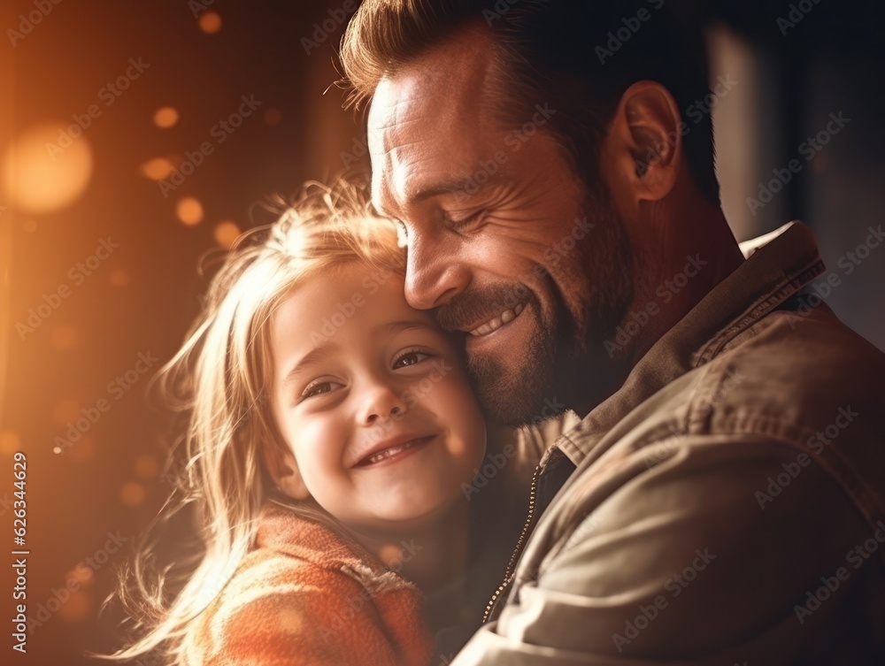 Happy Father Day. Father and daughter smiling happily. Generative AI Happy Father Day. Father and daughter smiling happily. Generative AI