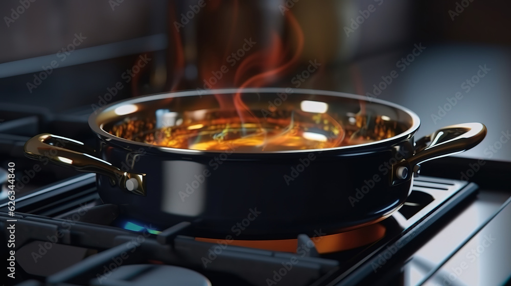 Clean saucepan on a gas stove in kitchen. Generative Ai Clean saucepan on a gas stove in kitchen. Generative Ai