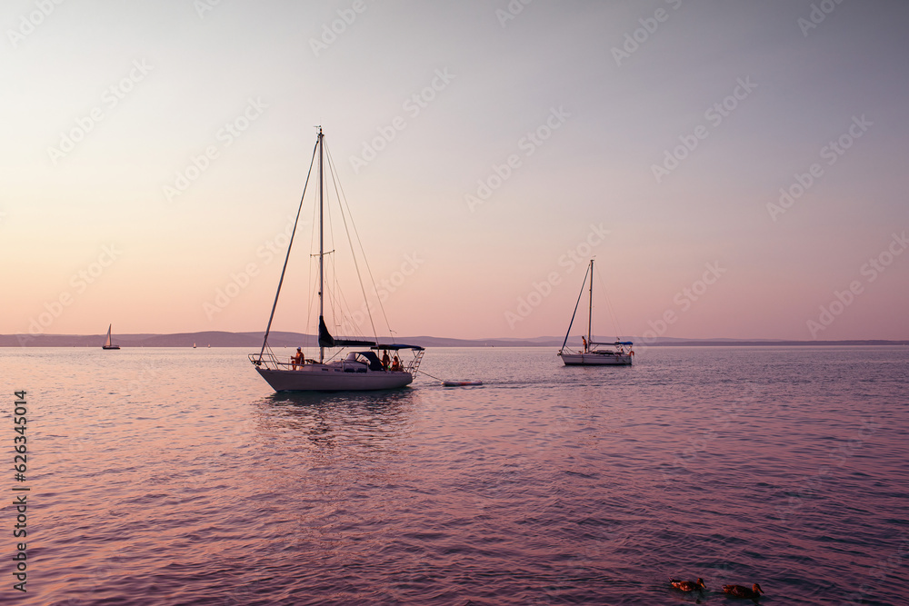 Sailboats at the Lake Balaton in the evening.Summer season.
