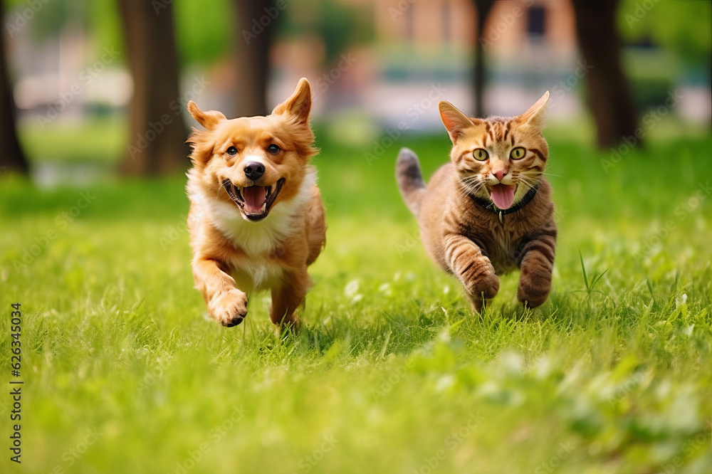 A dog and cat running in the summer through the green valley. Generated ai A dog and cat running in the summer through the green valley. Generated ai