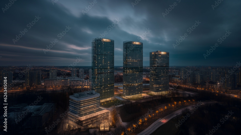 Modern city. Evening illumination. High buildings. Beautiful sky. Interesting city architecture