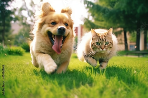 A group of dog and cat running in the summer through the green valley. Generated ai 