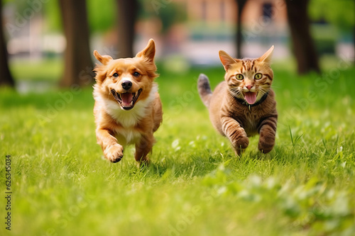 A dog and cat running in the summer through the green valley. Generated ai 