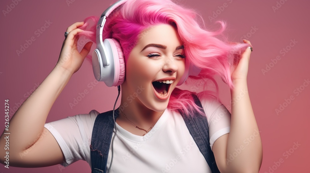 Young and attractive pink haired teen woman singing with headphones on a pink background.