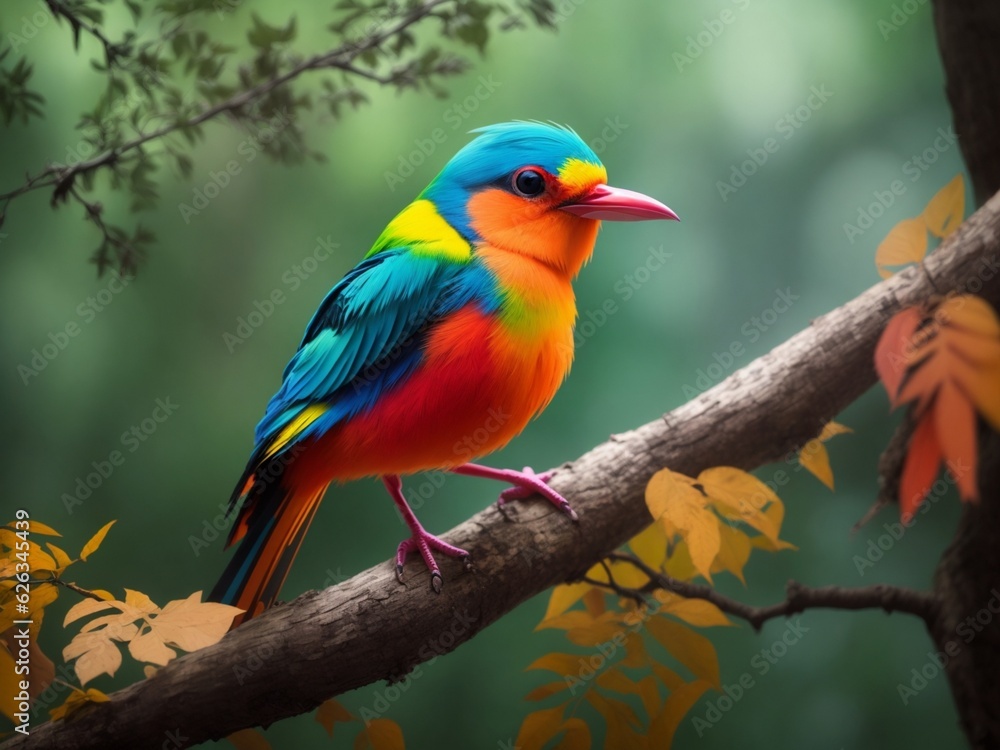 Red and blue colour bird sitting on branch of tree. Generative AI.