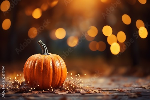 One tiny pumpkin on blurred shiny dreamy bokeh background