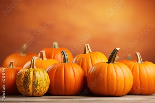 Many delicious ripe pumpkins on orange background with copy space