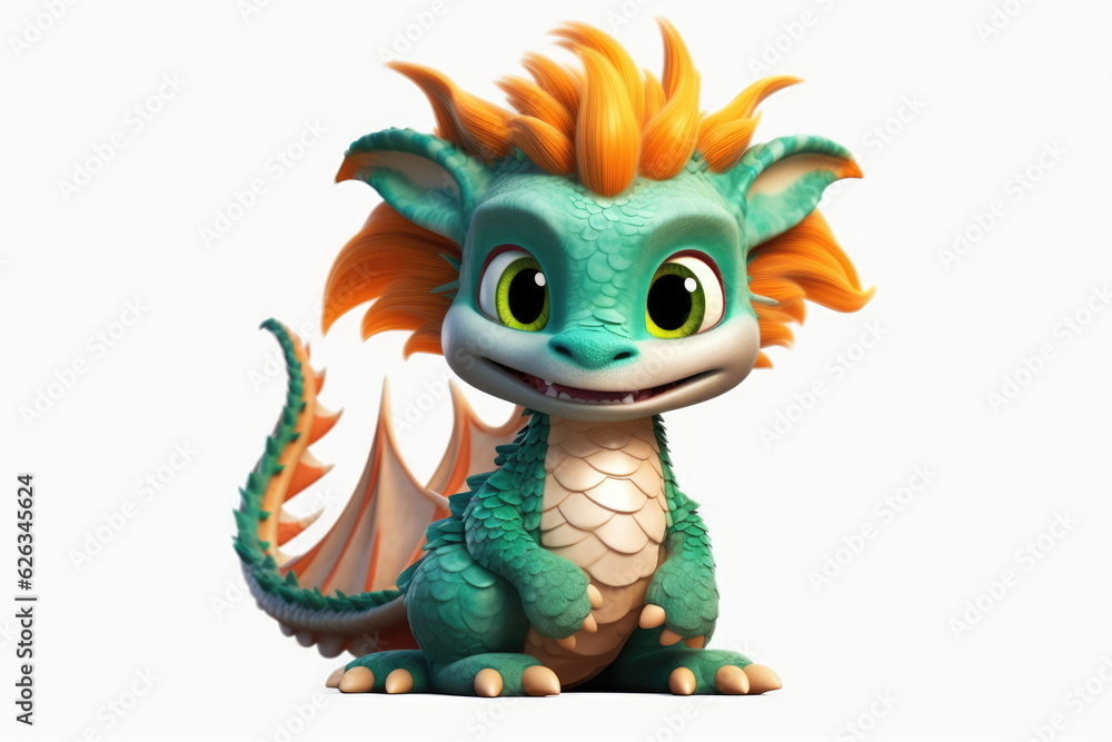 Fototapeta premium Cute baby fantasy kawaii dragon isolated on a white background. Generative AI