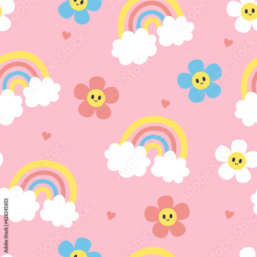Seamless pattern with rainbows, cute smiling flowers and hearts. Vector graphics.