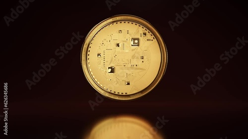 Digital Ruble rotates around an axis. 3D rendering of a close-up model. Golden crypto coin with Russian currency symbol on brown background