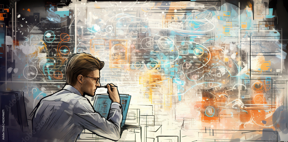 Businessman works with laptop and surrounded by graphs and charts, financial global reports, calculations. Global business, control, advisory concept Businessman works with laptop and surrounded by graphs and charts, financial global reports, calculations. Global business, control, advisory concept