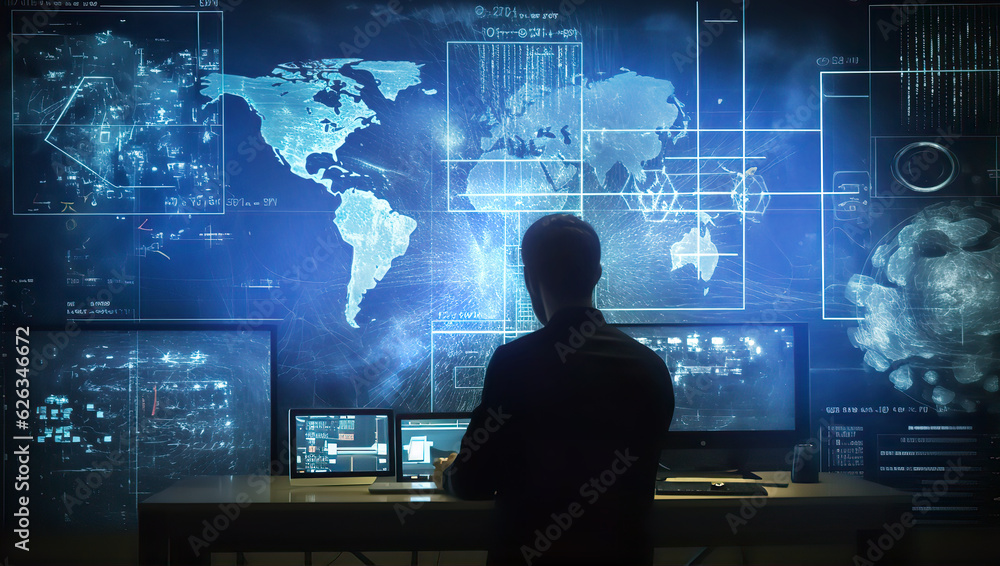 Businessman works with laptop and surrounded by graphs and charts, financial global reports, calculations. Global business, control, advisory concept Businessman works with laptop and surrounded by graphs and charts, financial global reports, calculations. Global business, control, advisory concept