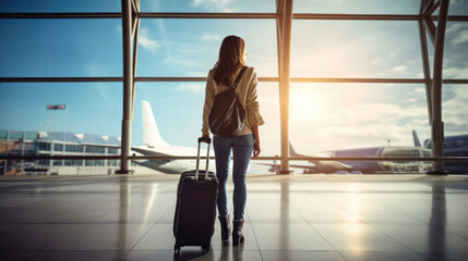 Woman with luggage in the airport terminal.