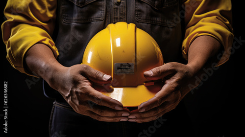 Worker or engineer holds a protective yellow helmet.