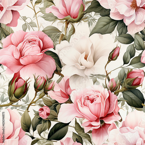 Seamless pattern of pink roses. Illustration Generative AI