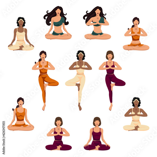 Set of beautiful faceless girls in different yoga poses, vector