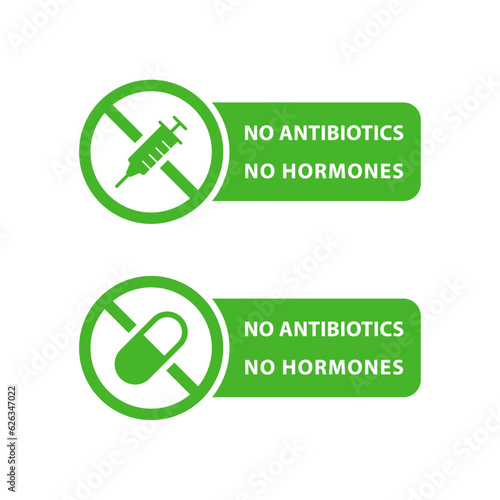 No antibiotics food label stamp, hormones free farm grown chicken and beef or pork meat vector logo. Natural healthy antibiotics free products certificate seal