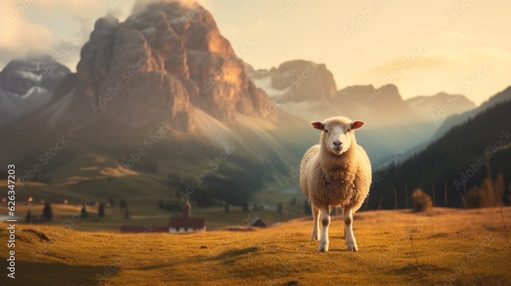 Fototapeta premium Sunrise Serenity in the Dolomites: A High-Resolution Capture of Grazing Sheep, Majestic Mountain Peaks, and Mystical Morning Mist under a Pastel Dawn Sky